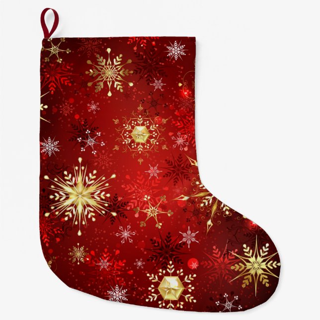 Christmas Golden Snowflakes on Red Background Large Christmas Stocking (Front)
