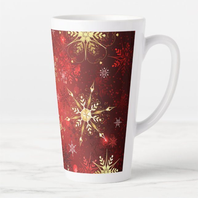 Christmas Golden Snowflakes on Red Background Latte Mug (Right)