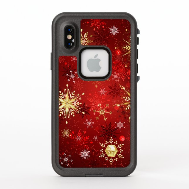 Christmas Golden Snowflakes on Red Background LifeProof iPhone Case (Back)