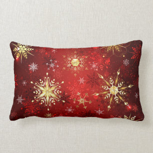 Christmas Golden Snowflakes on Red Background Lumbar Pillow
