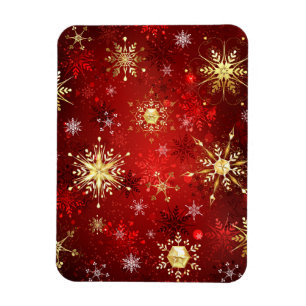 Christmas Golden Snowflakes on Red Background Magnet
