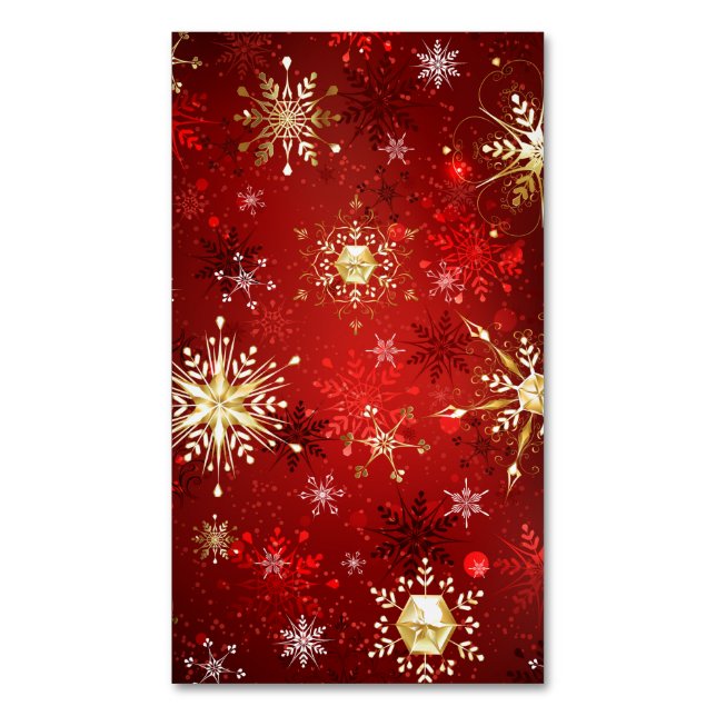 Christmas Golden Snowflakes on Red Background Magnetic Business Card (Front Vertical)