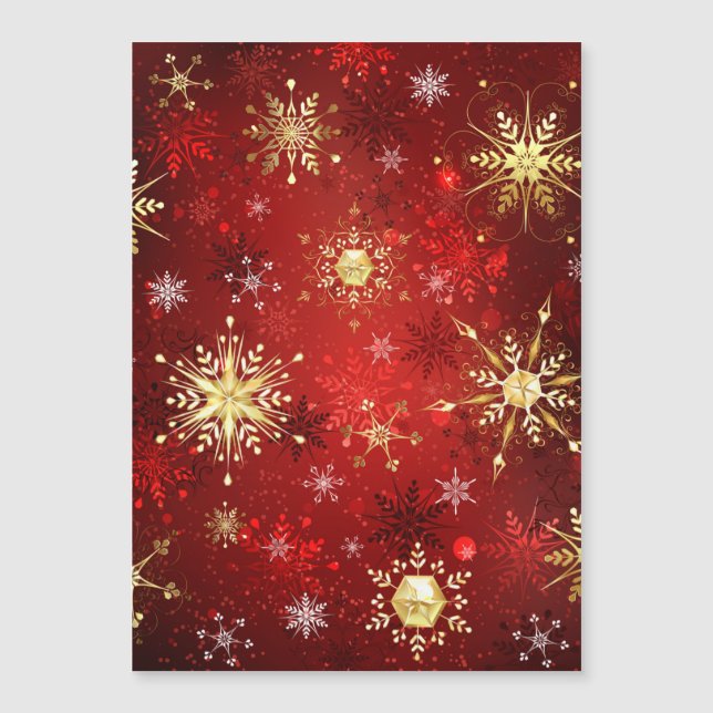 Christmas Golden Snowflakes on Red Background Magnetic Invitation (Front)