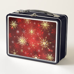 Christmas Golden Snowflakes on Red Background Metal Lunch Box