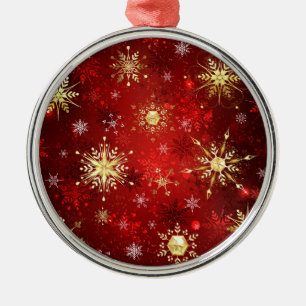 Christmas Golden Snowflakes on Red Background Metal Ornament