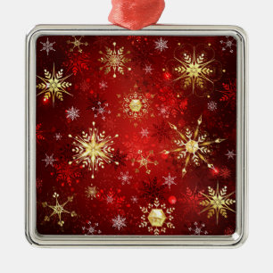 Christmas Golden Snowflakes on Red Background Metal Ornament