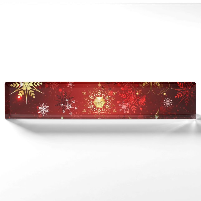 Christmas Golden Snowflakes on Red Background Nameplate (Front)