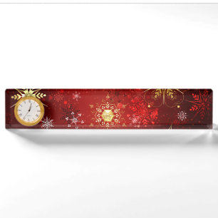 Christmas Golden Snowflakes on Red Background Nameplate