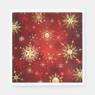 Christmas Golden Snowflakes on Red Background Napkin