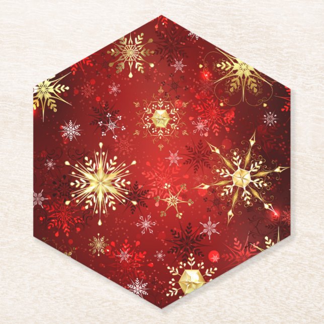 Christmas Golden Snowflakes on Red Background Paper Coaster (Front)