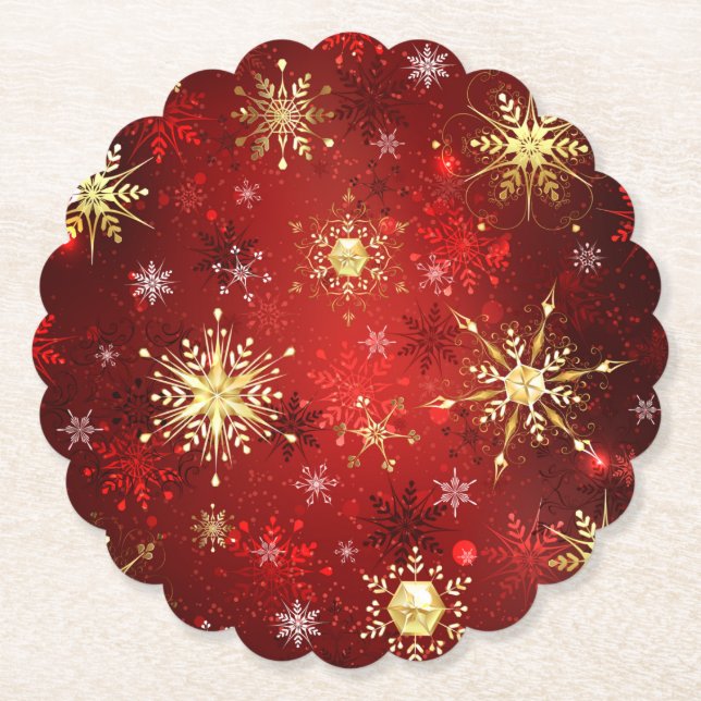 Christmas Golden Snowflakes on Red Background Paper Coaster (Front)
