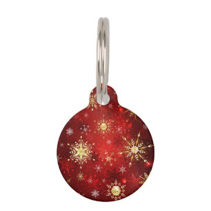 Christmas Golden Snowflakes on Red Background Pet Tag