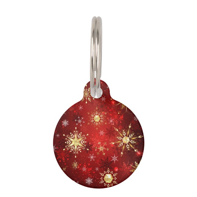 Christmas Golden Snowflakes on Red Background Pet Tag (Front)