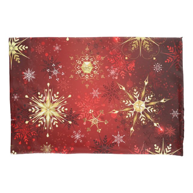 Christmas Golden Snowflakes on Red Background Pillowcase (Front-Left)