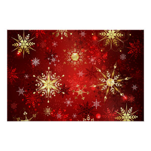 Christmas Golden Snowflakes on Red Background Poster