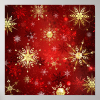 Christmas Golden Snowflakes on Red Background