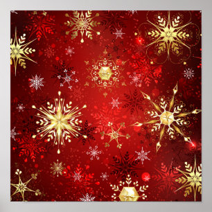 Christmas Golden Snowflakes on Red Background Poster