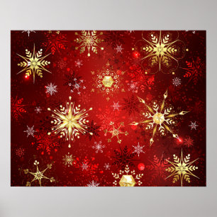 Christmas Golden Snowflakes on Red Background Poster