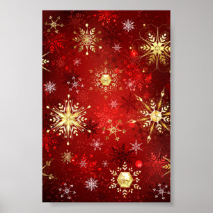Christmas Golden Snowflakes on Red Background Poster