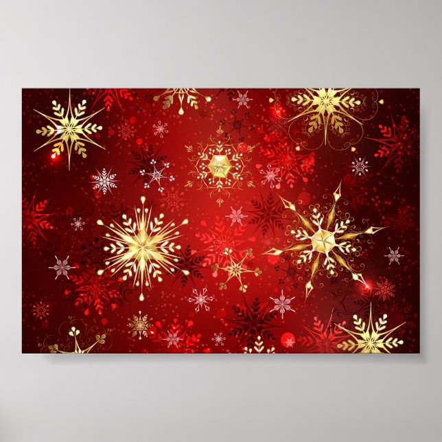 Christmas Golden Snowflakes on Red Background Poster (Front)