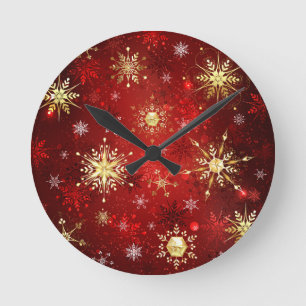 Christmas Golden Snowflakes on Red Background Round Clock