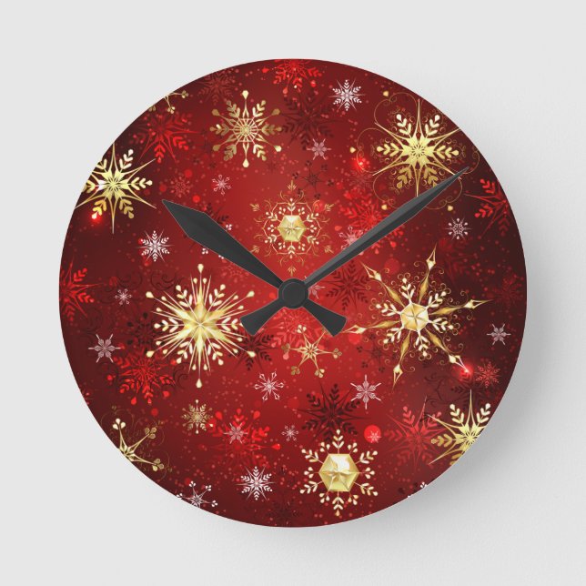 Christmas Golden Snowflakes on Red Background Round Clock (Front)