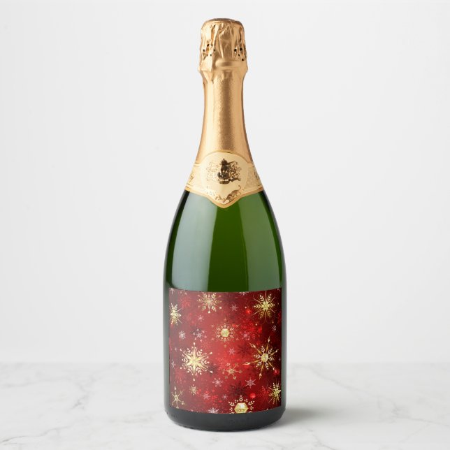 Christmas Golden Snowflakes on Red Background Sparkling Wine Label (Front)