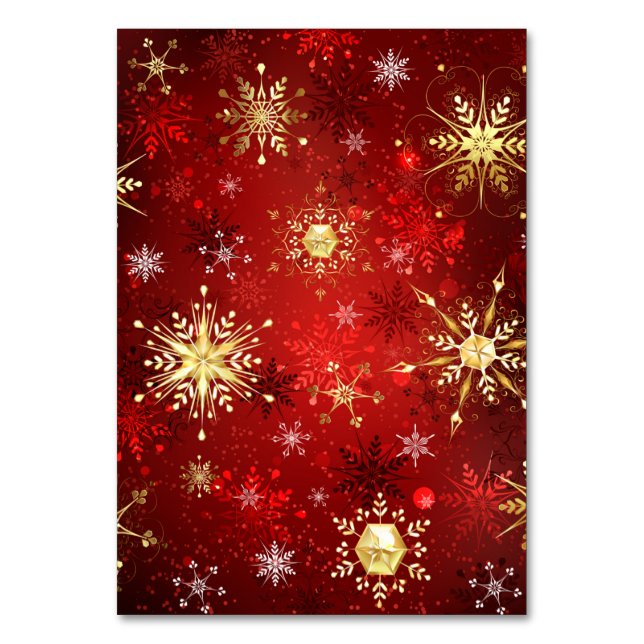 Christmas Golden Snowflakes on Red Background Table Number (Front)
