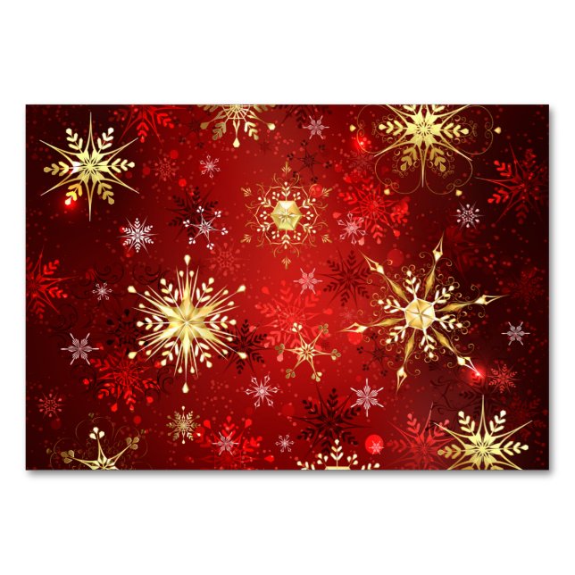 Christmas Golden Snowflakes on Red Background Table Number (Front)