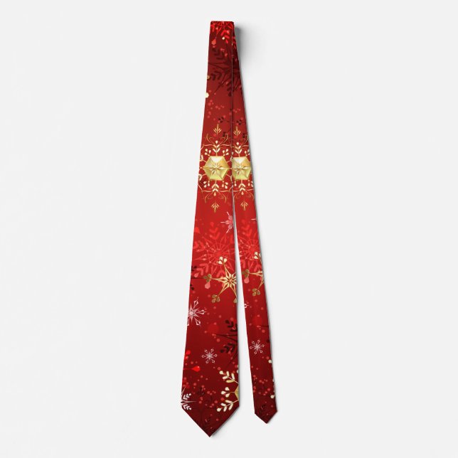 Christmas Golden Snowflakes on Red Background Tie (Front)