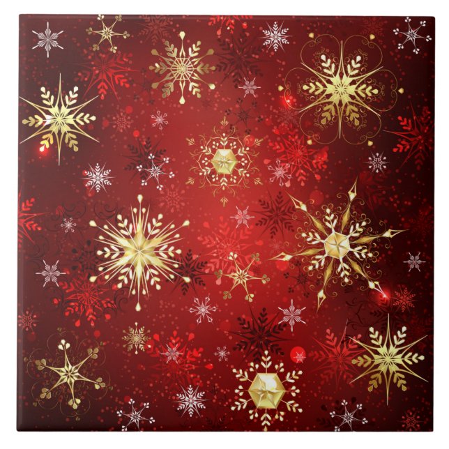 Christmas Golden Snowflakes on Red Background Tile (Front)