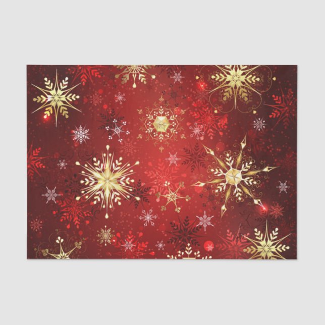 Christmas Golden Snowflakes on Red Background Tissue Paper (Front)