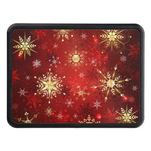 Christmas Golden Snowflakes on Red Background Trailer Hitch Cover