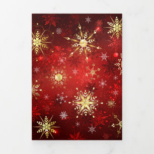Christmas Golden Snowflakes on Red Background Tri-Fold Holiday Card