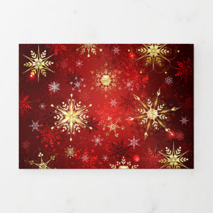 Christmas Golden Snowflakes on Red Background Tri-Fold Holiday Card
