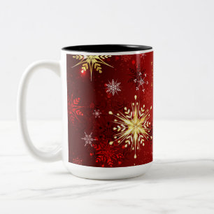 Christmas Golden Snowflakes on Red Background Two-Tone Coffee Mug