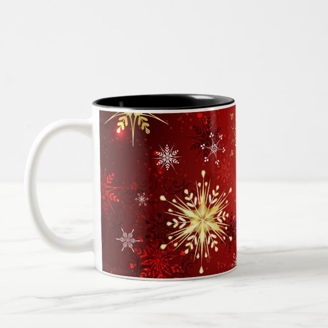 Christmas Golden Snowflakes on Red Background Two-Tone Coffee Mug (Left)