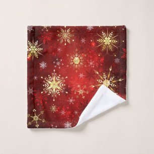 Christmas Golden Snowflakes on Red Background Wash Cloth