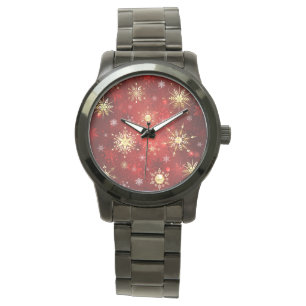 Christmas Golden Snowflakes on Red Background Watch