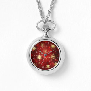 Christmas Golden Snowflakes on Red Background Watch