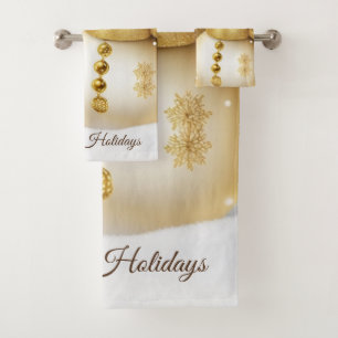 Christmas Golden Snowman Snowflakes Holidays Bath Towel Set