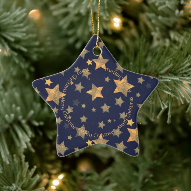 Christmas Golden Stars Navy Blue Classic Elegant Ceramic Ornament (Tree)