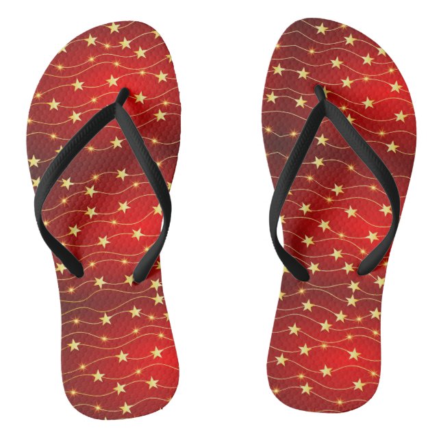 Christmas Golden Stars Red Holidays Flip Flops (Footbed)