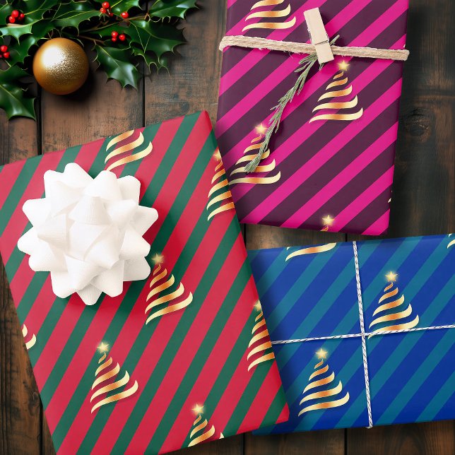 Christmas Golden Tree Multicolor Stripe Wrapping Paper Sheet (Christmas Golden Tree Multicolor Stripe Wrapping Paper Sheets)
