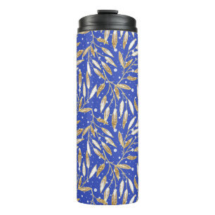 Christmas, Golden twigs, white, snowflakes, winter Thermal Tumbler