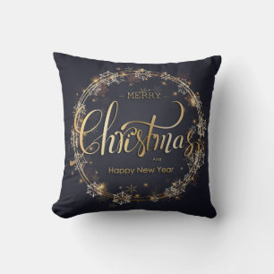 Christmas Golden Typography White Snowflakes Black Throw Pillow