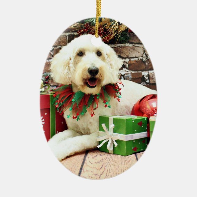 Christmas - GoldenDoodle - Biscuit Ceramic Ornament (Front)