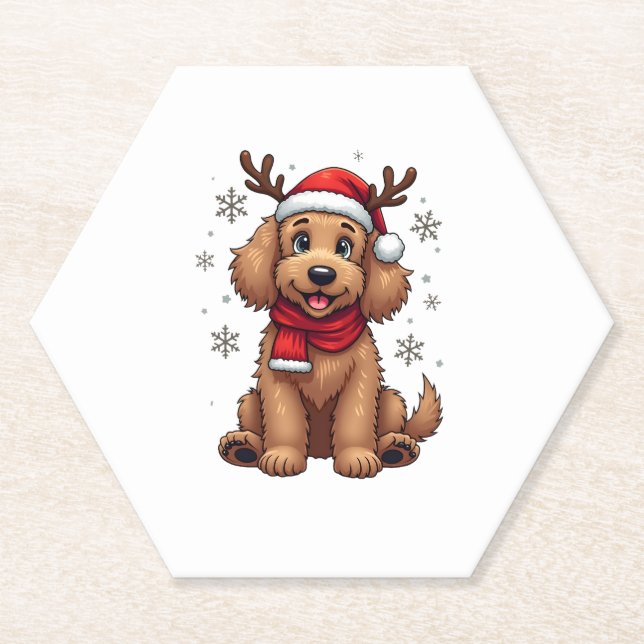 Christmas Goldendoodle Dog Reindeer Holiday Doodle Paper Coaster (Front)