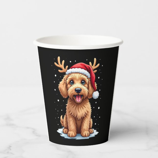Christmas Goldendoodle Dog Reindeer Holiday Doodle Paper Cups (Front)
