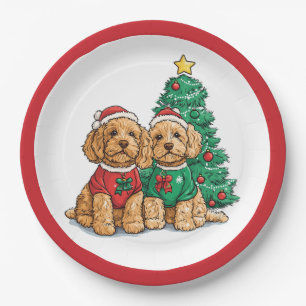 Christmas Goldendoodle Dogs Paper Plate